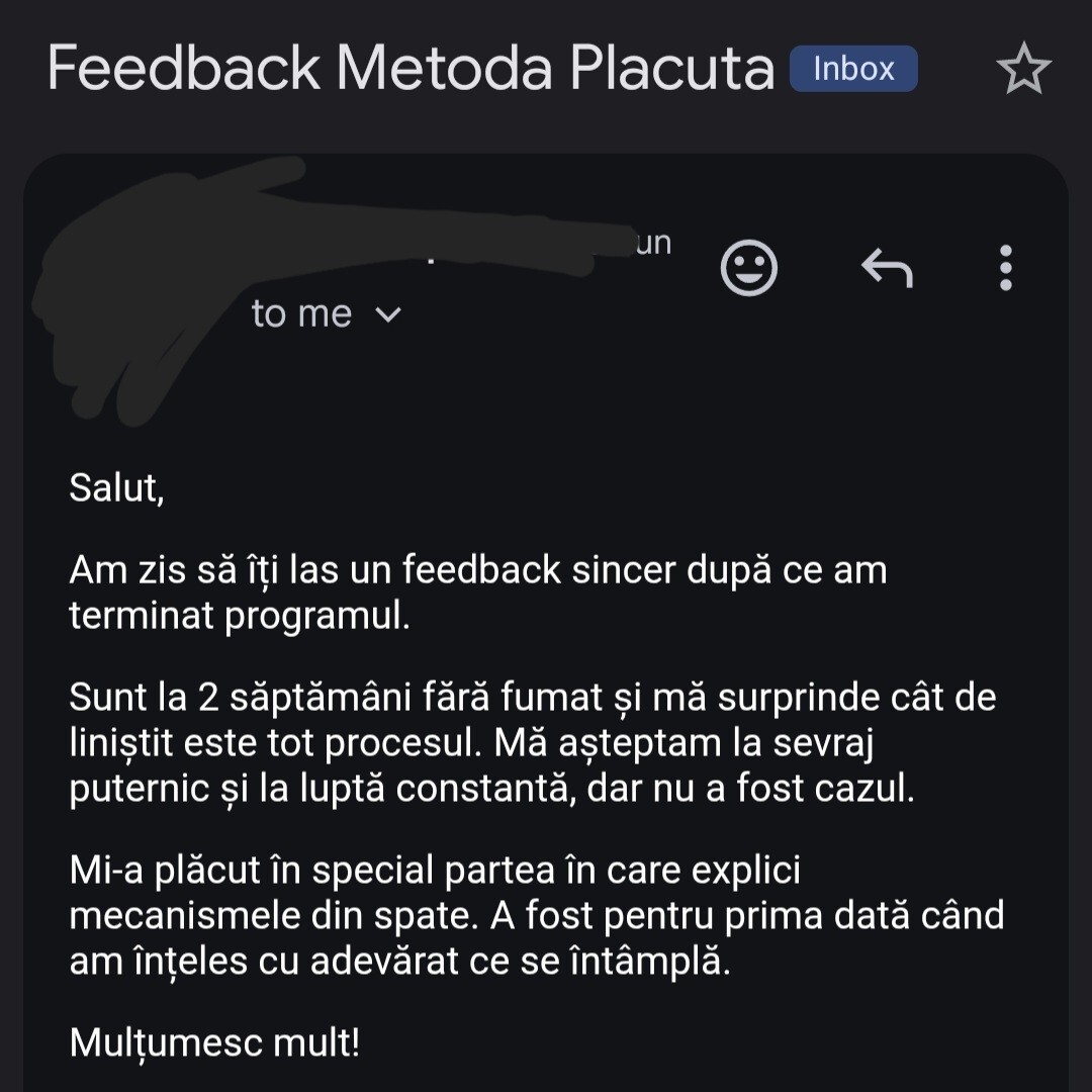 Feedback email — client Metoda Plăcută